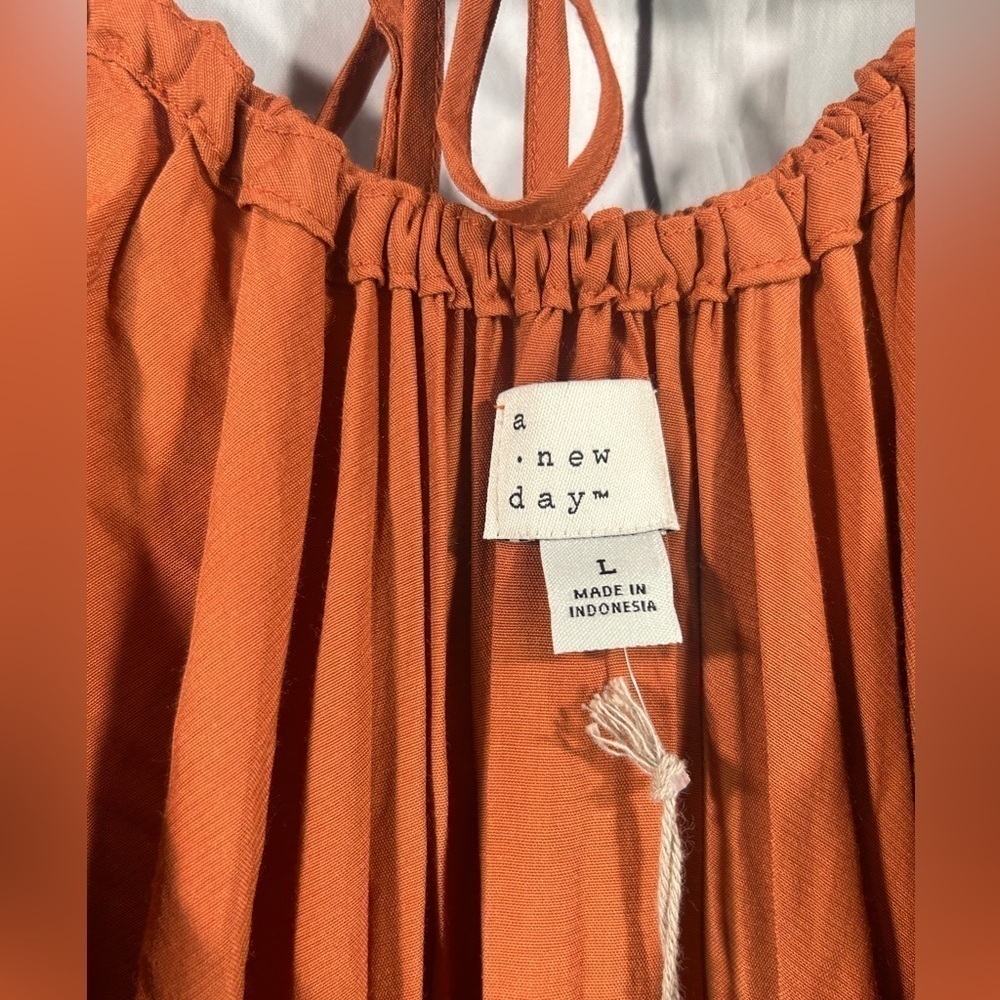 NEW A New Day Puff Sleeve Long Midi Ruched Dress Womens Crew Neck Tie Back Sz L - Picture 5 of 14